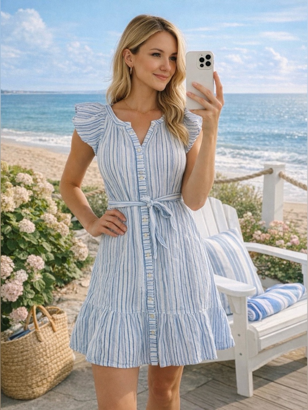 Vineyard Vines Blue and White Striped Tie-Waist Dress